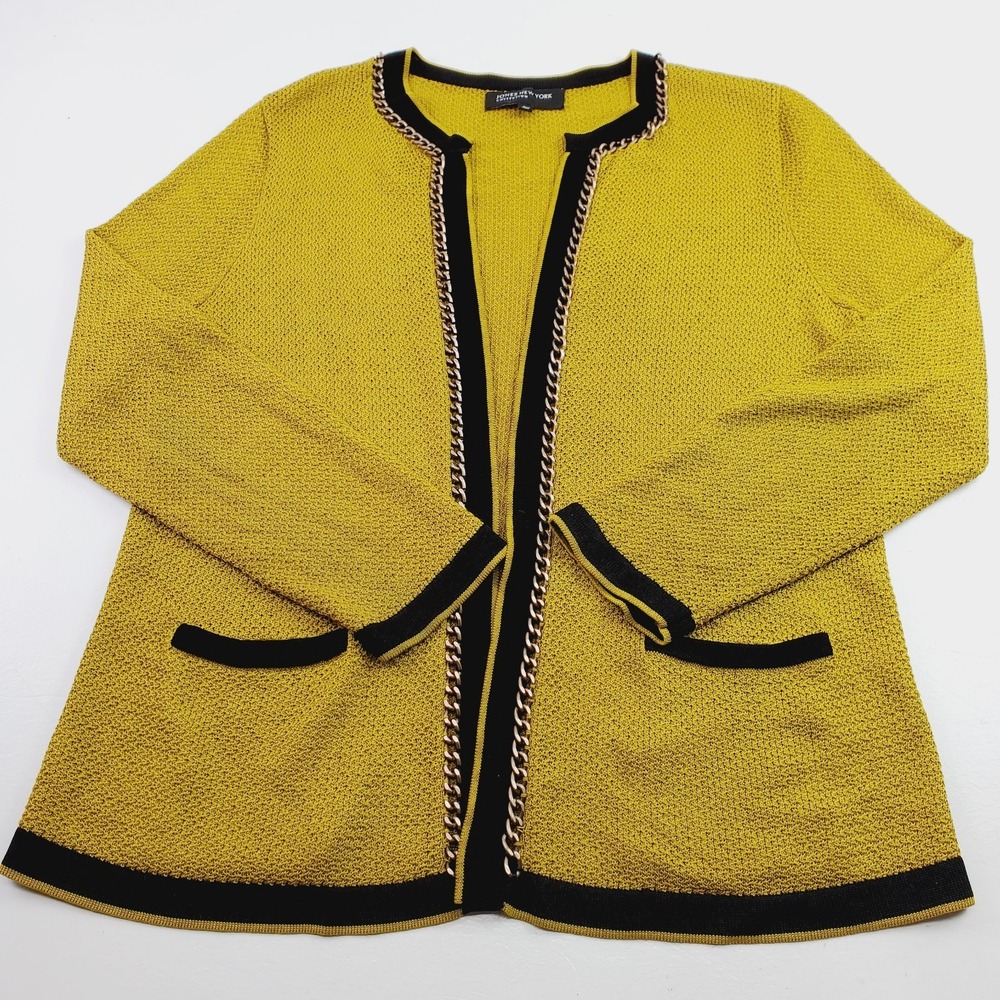 Jones New York Collection Open Cardigan Women's size L Mustard and black Preppy